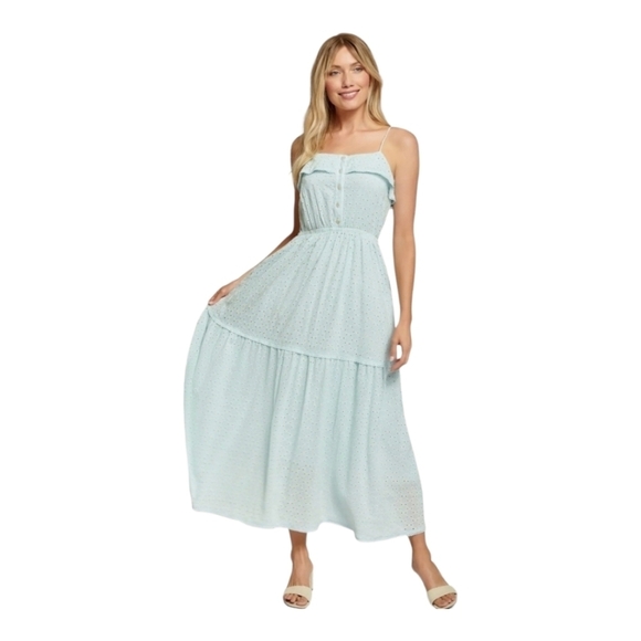 LOST + WANDER Blissful Blues Eyelet Long Maxi Boho Beach Dress Sz L - Picture 1 of 16